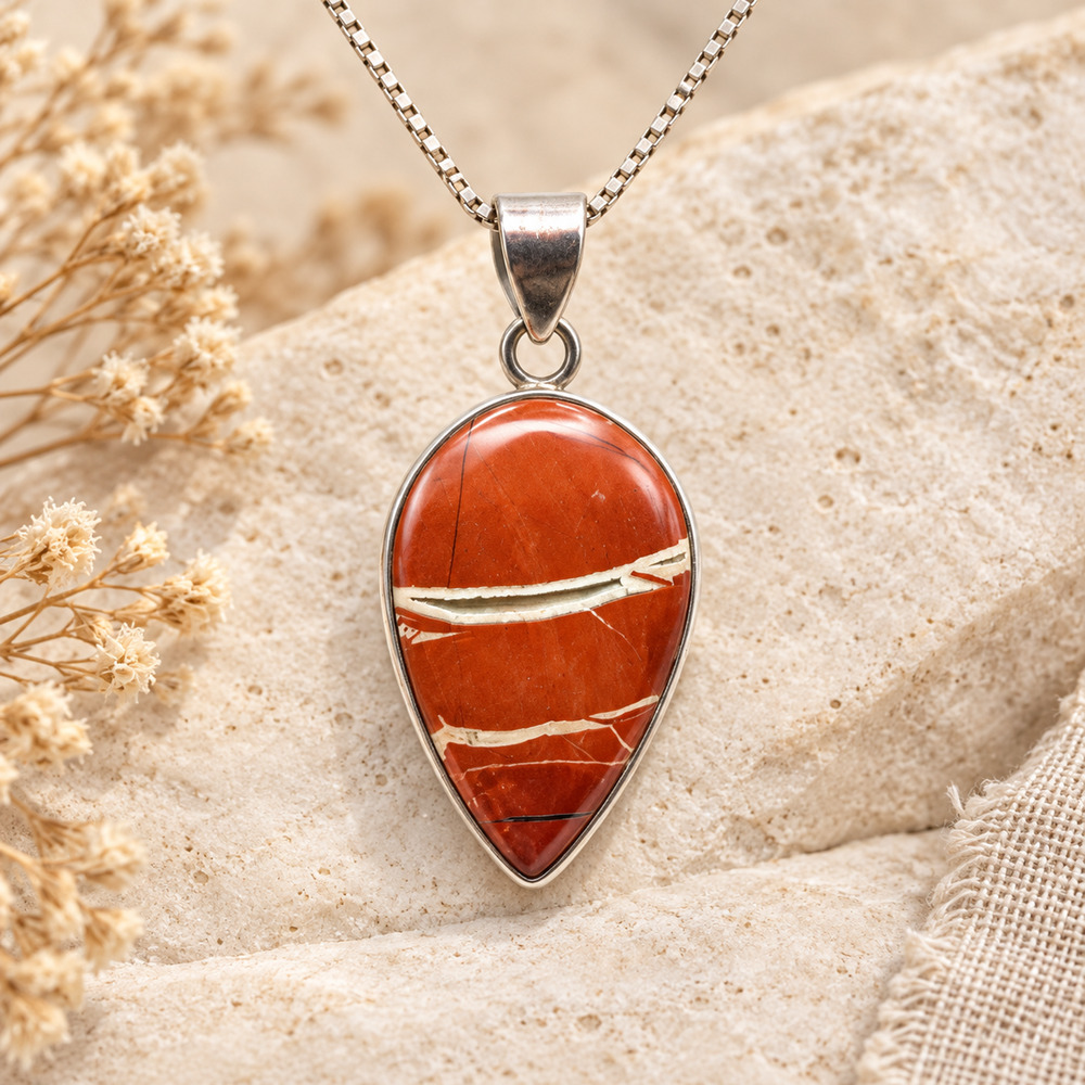 Sterling Silver Red Ribbon Jasper Pendant Necklace 18” Italy Box Chain 16.84g
